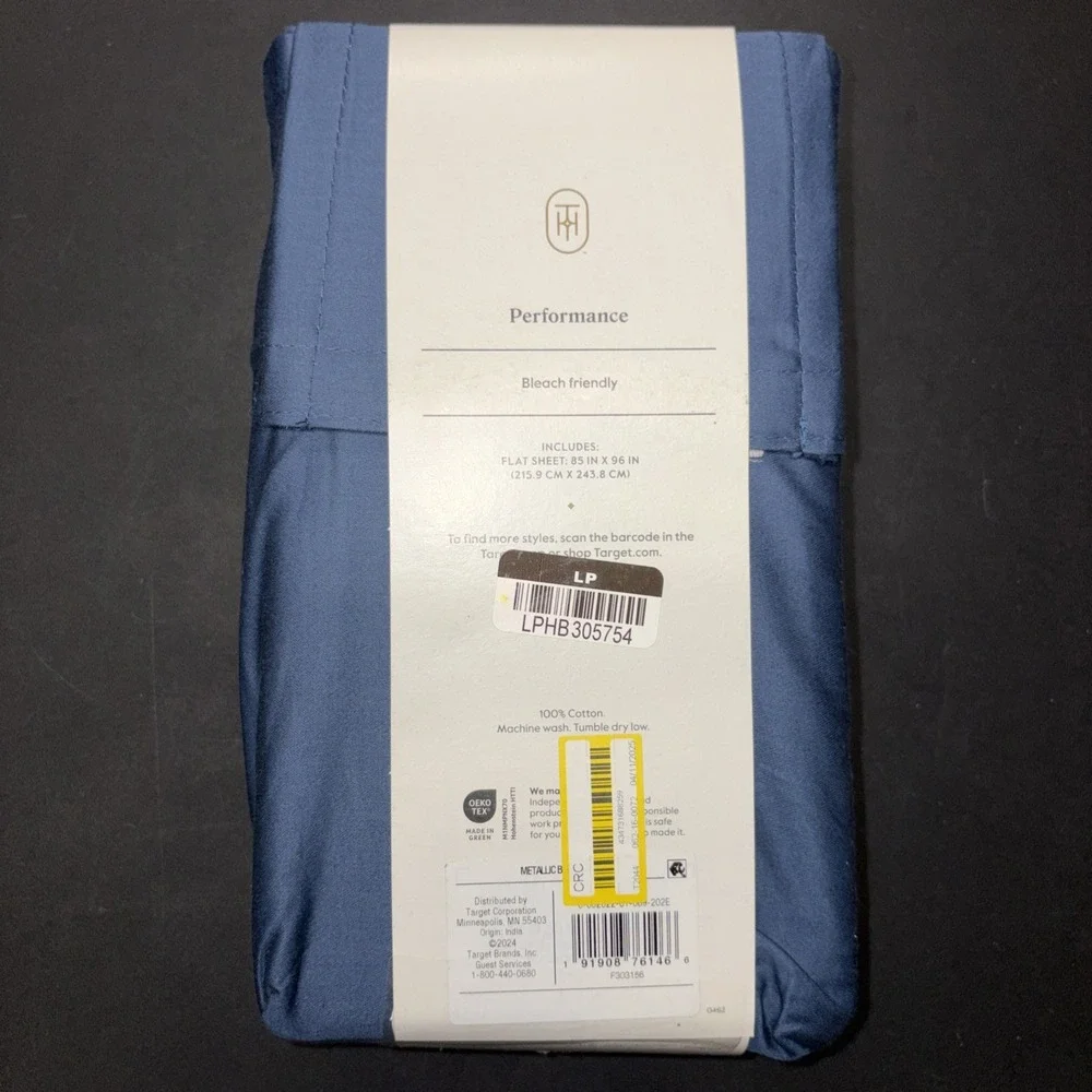 Full 400 Thread Count Performance Flat Sheet Metallic Blue Threshold Cotton 0782